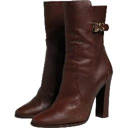 Brown Leather Heels Mid Calf Boots Shoes