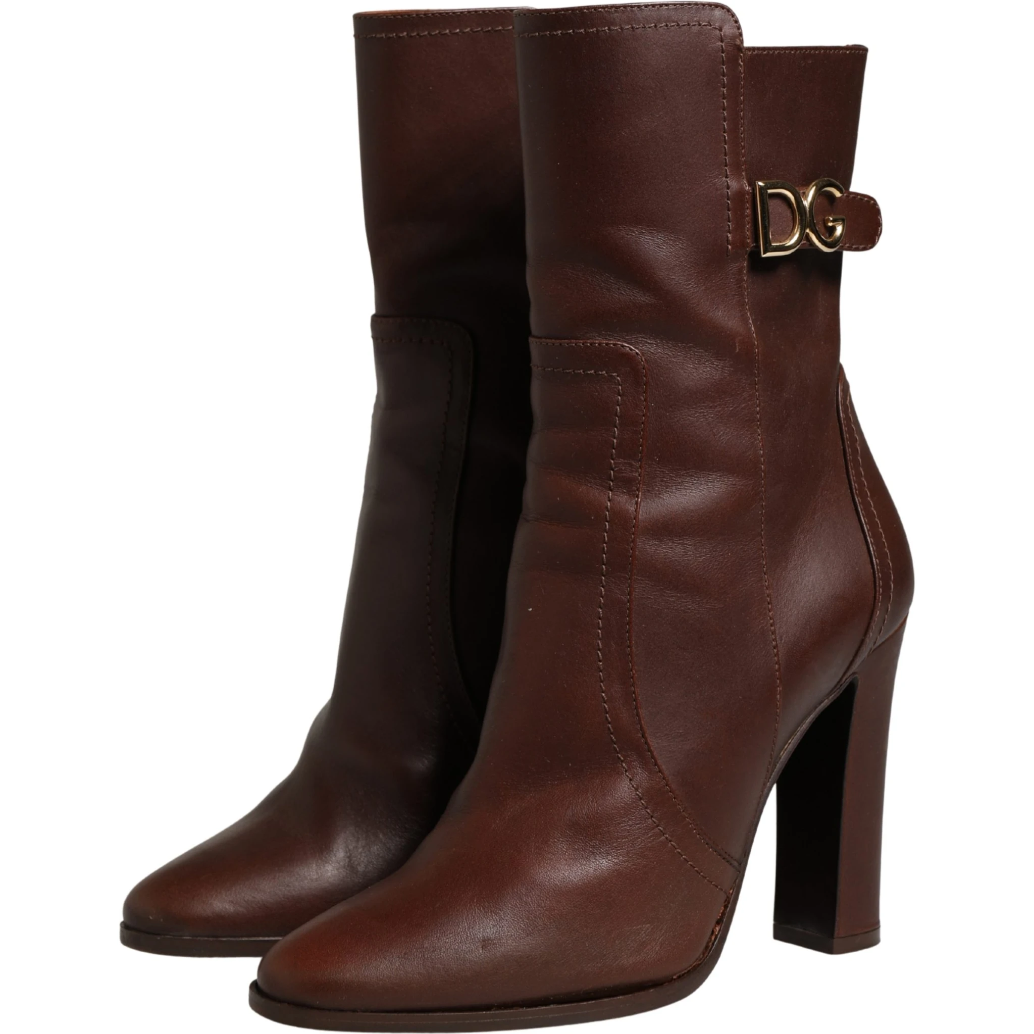 Brown Leather Heels Mid Calf Boots Shoes