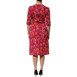 Purple Silk Floral Print Midi Sheath Dress