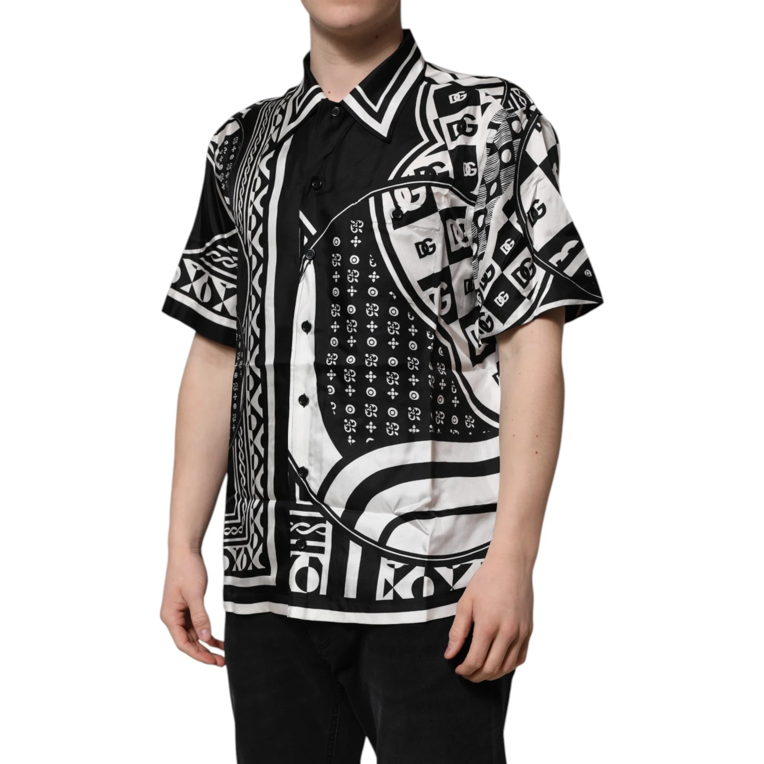 Black Silk Logo Print Short Sleeves Shirt