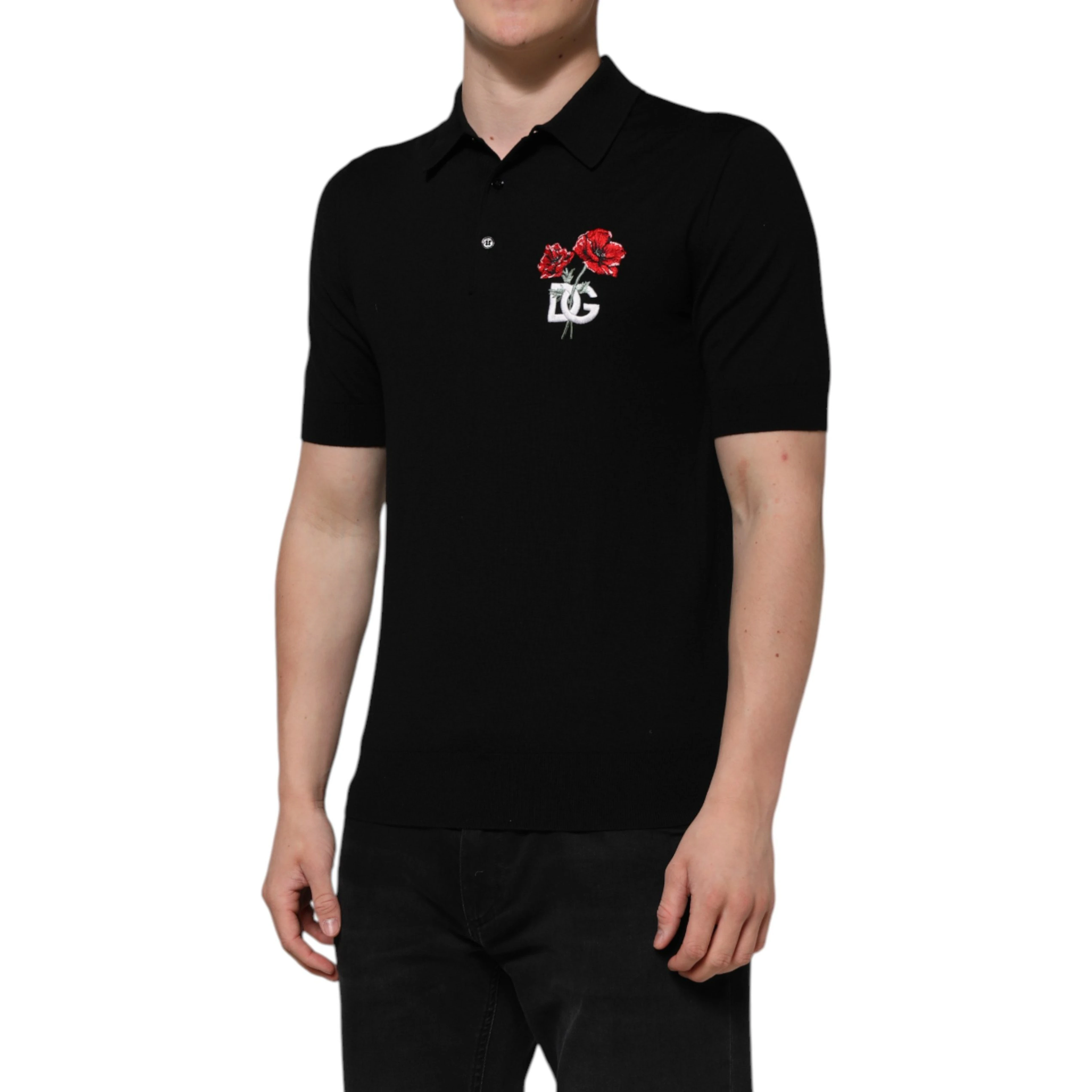 Black Wool Logo Floral Short Sleeve T-shirt