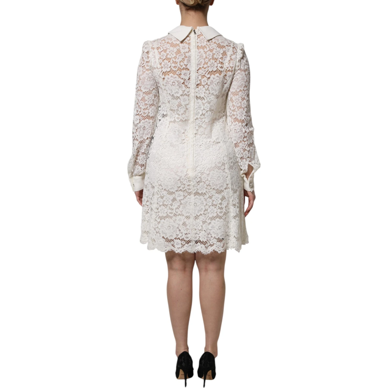 White Floral Lace Viscose Collared Mini Dress