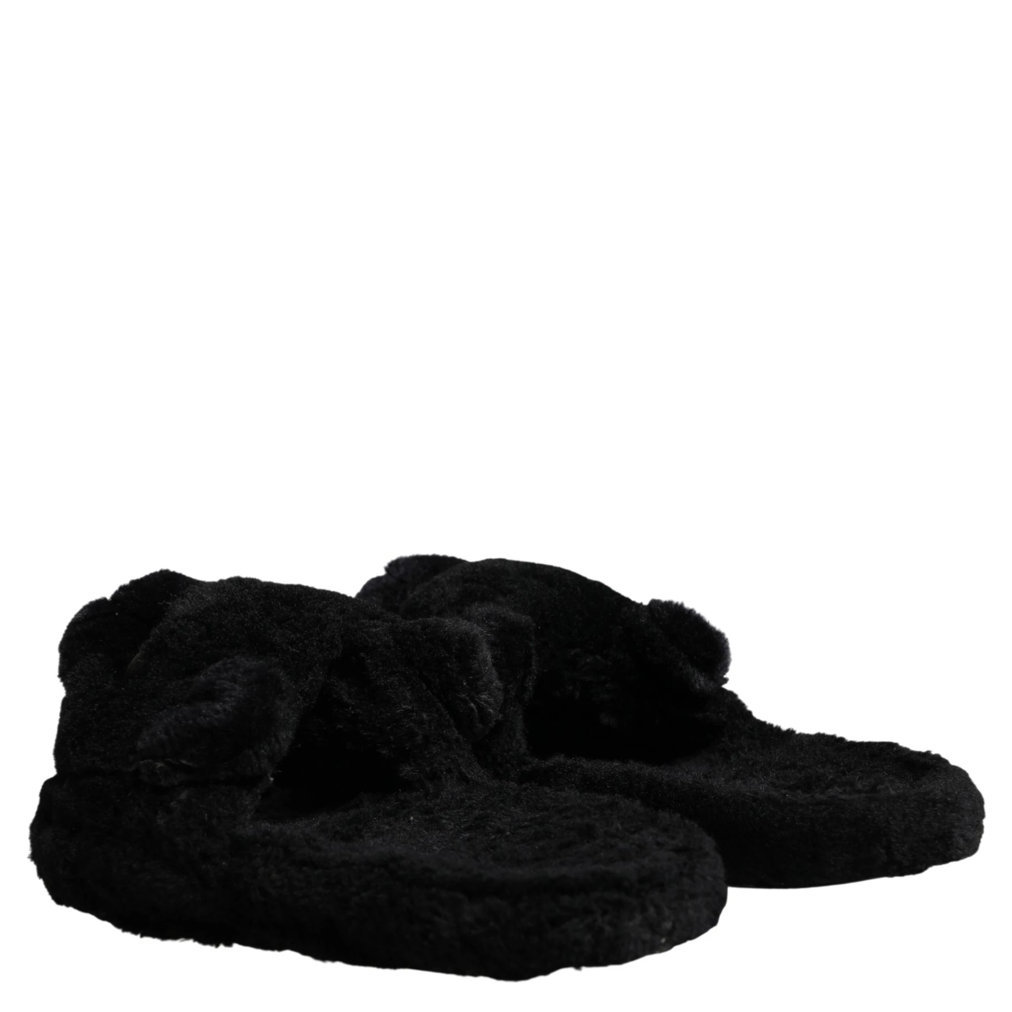 Black Faux Fur Panther Plush Flat Slides Shoes