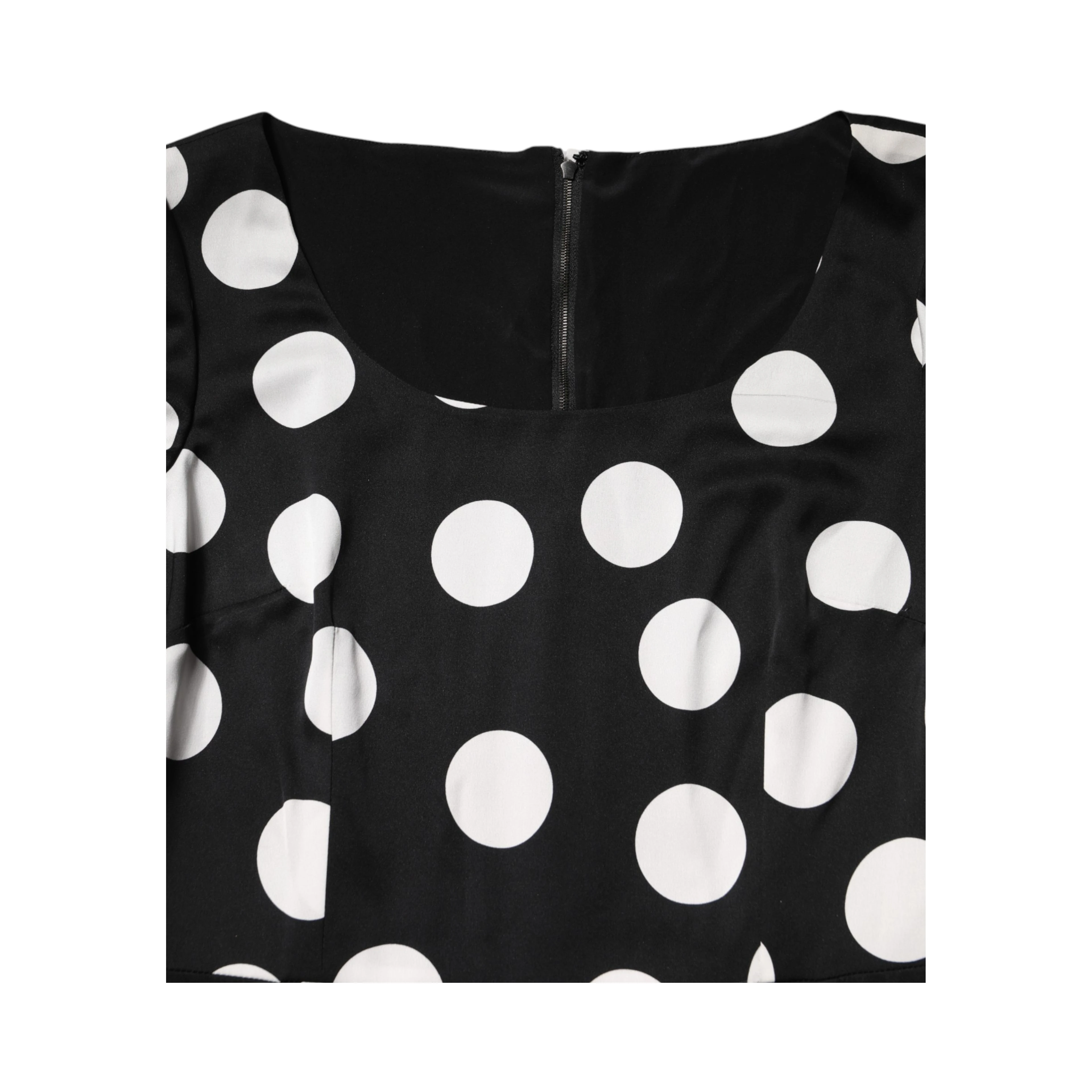 Black White Polka Dot Silk Sheath Midi Dress