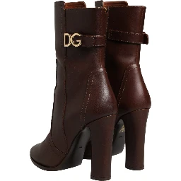 Brown Leather Heels Mid Calf Boots Shoes