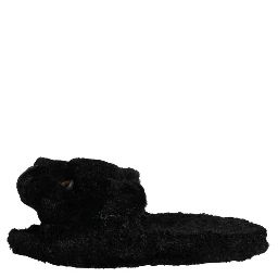 Black Faux Fur Panther Plush Flat Slides Shoes