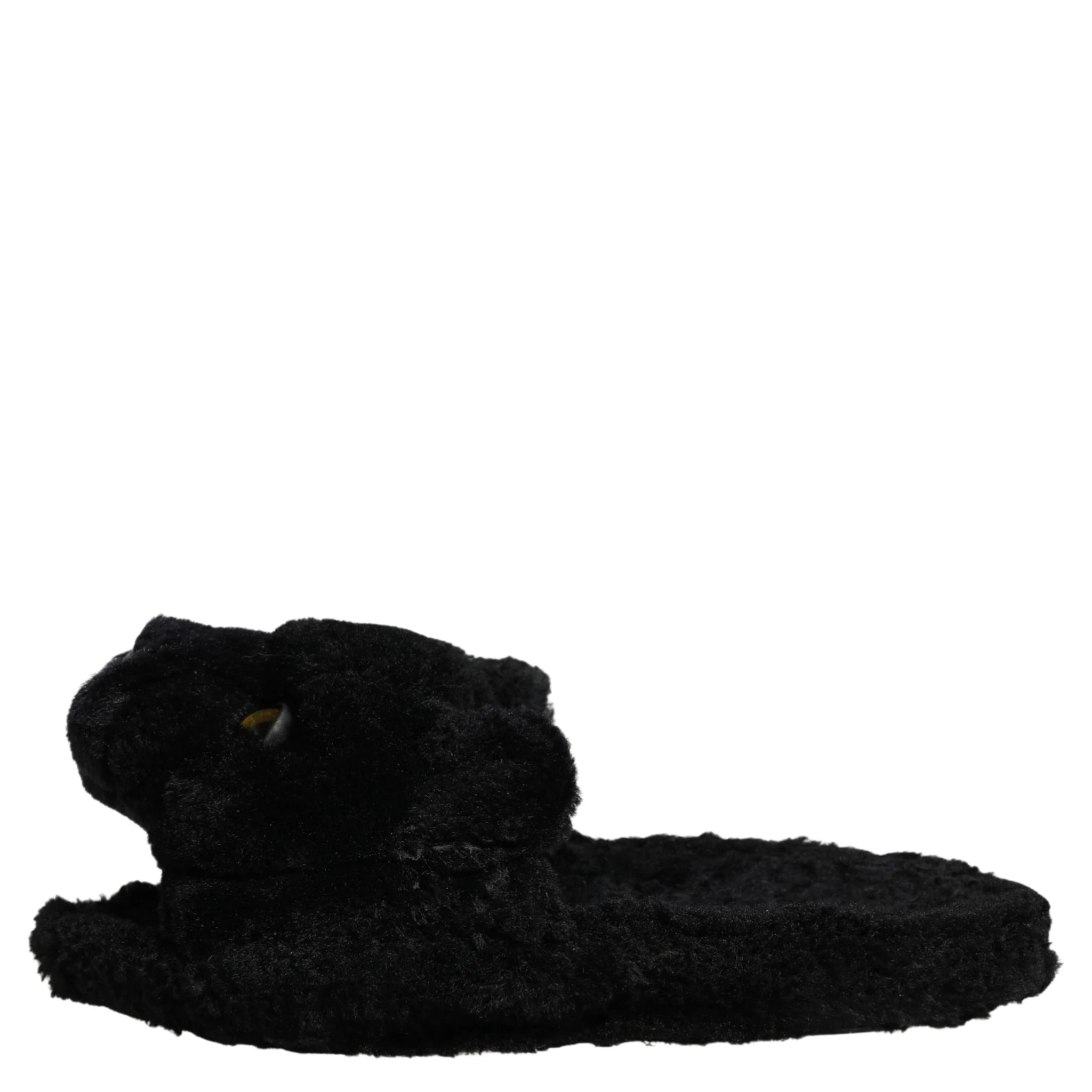 Black Faux Fur Panther Plush Flat Slides Shoes