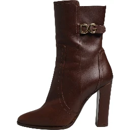 Brown Leather Heels Mid Calf Boots Shoes
