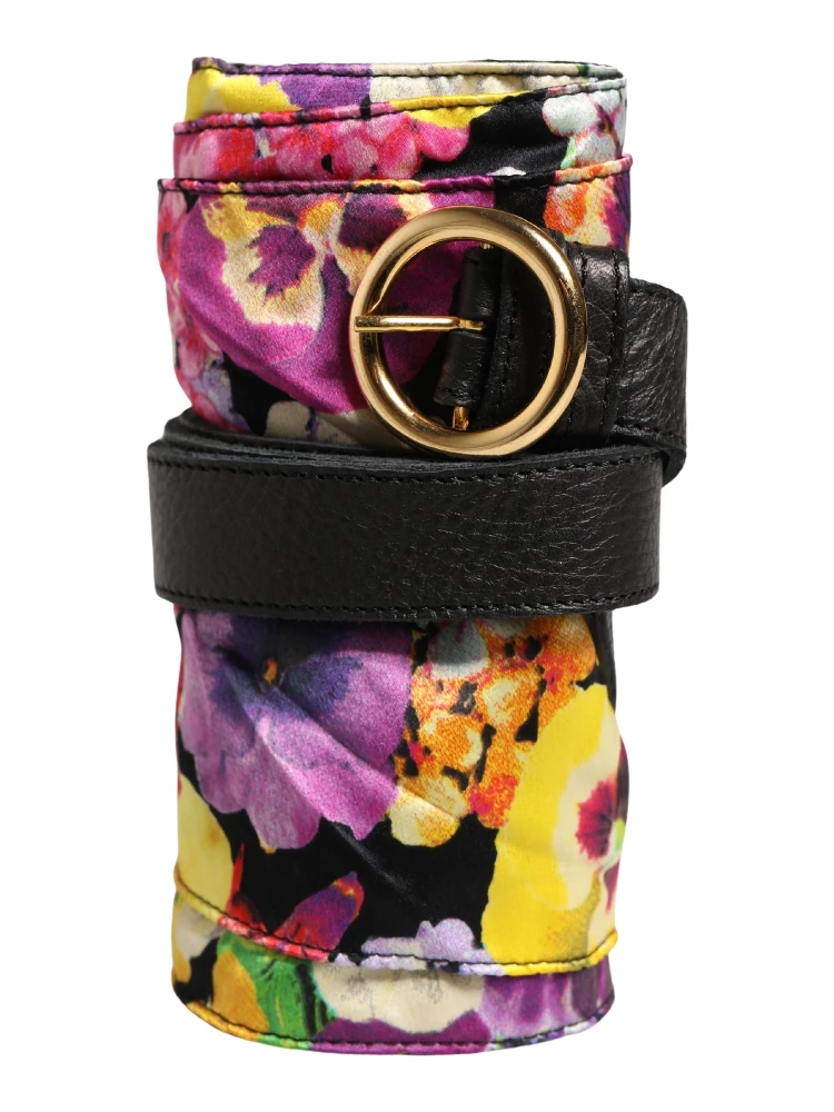 Multicolor Floral Wide Waist Gold Metal Buckle Cintura Belt