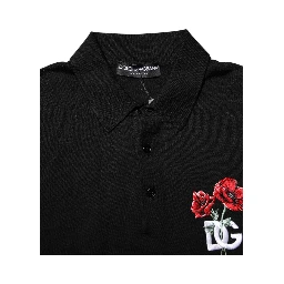 Black Wool Logo Floral Short Sleeve T-shirt
