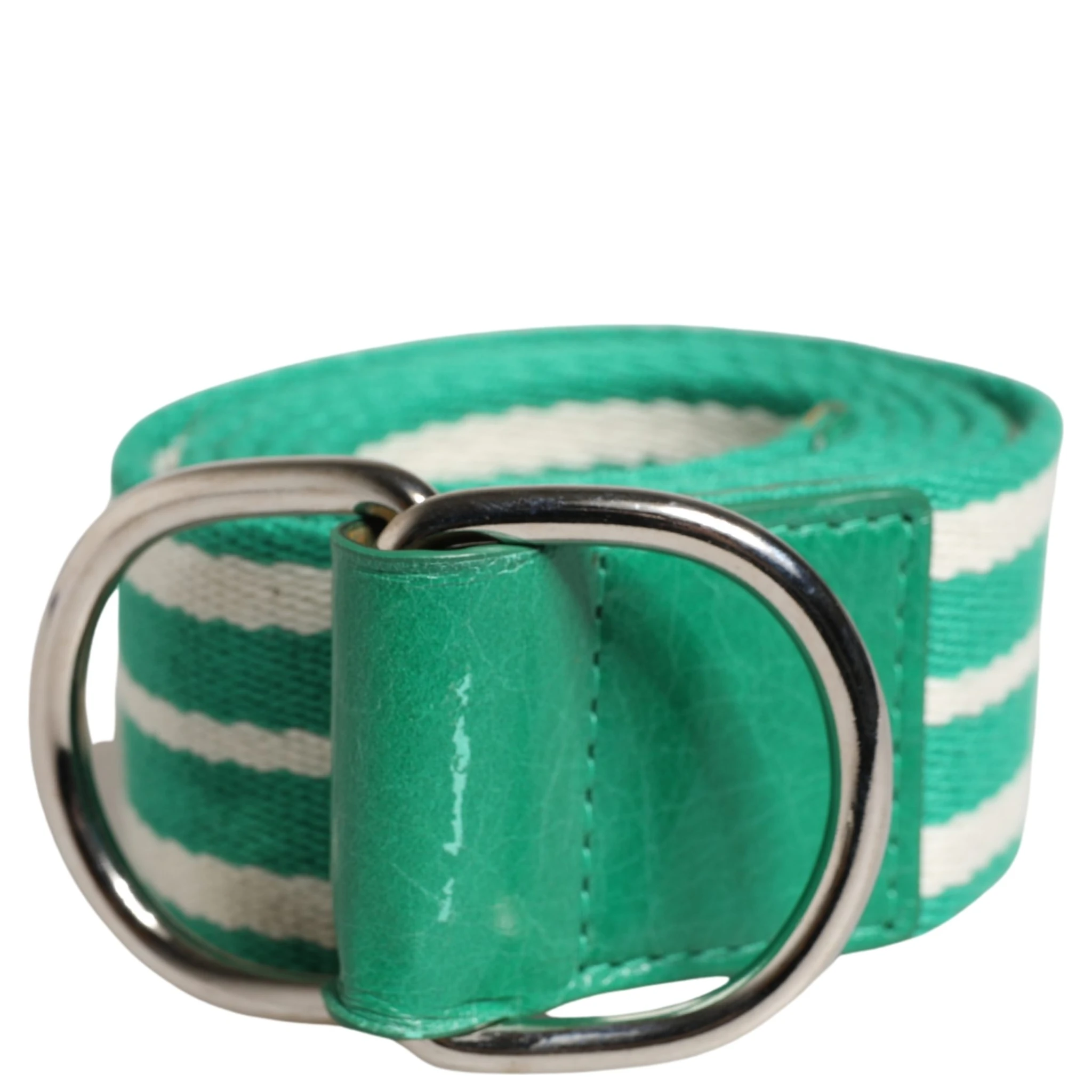 White Green Stripes Canvas Silver Metal Buckle Belt
