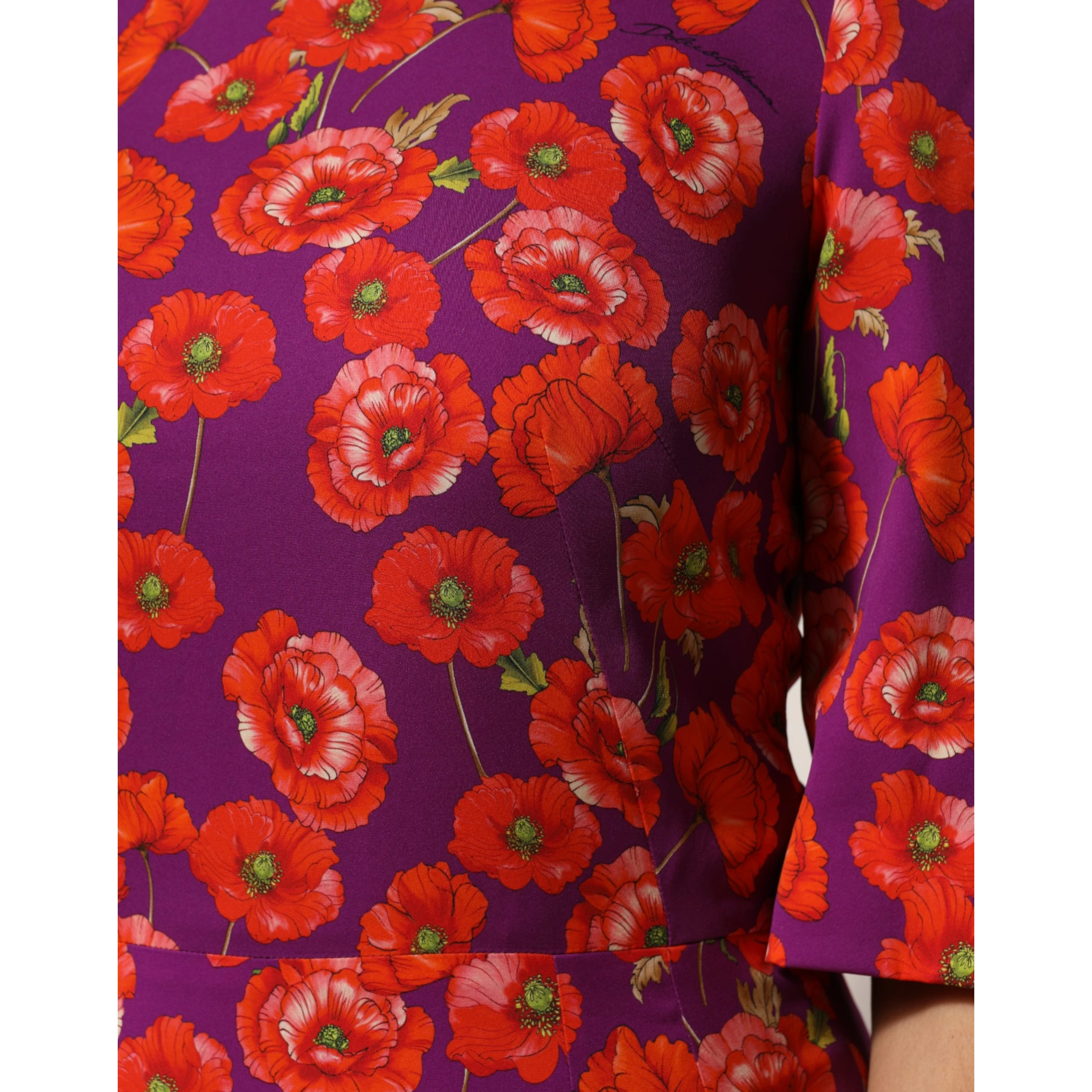 Purple Silk Floral Print Midi Sheath Dress