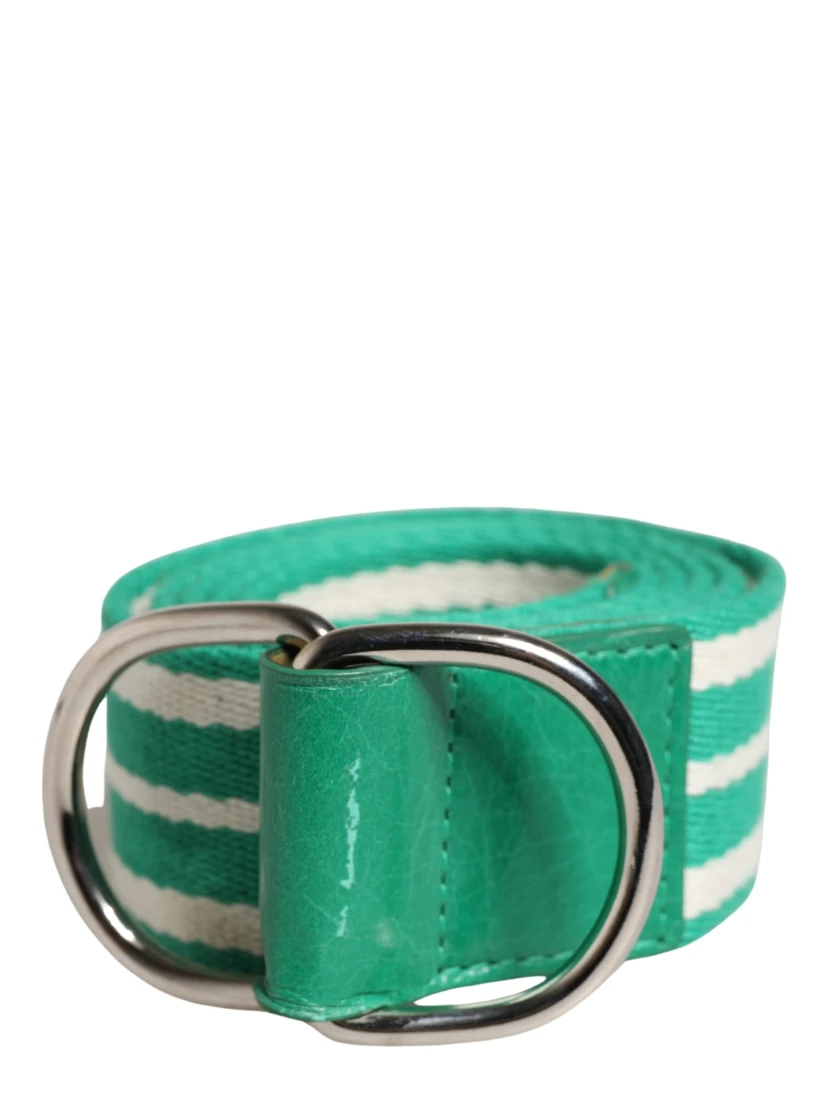 White Green Stripes Canvas Silver Metal Buckle Belt