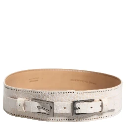 White Textured Leather Wide SilverMetal Buckle Belt