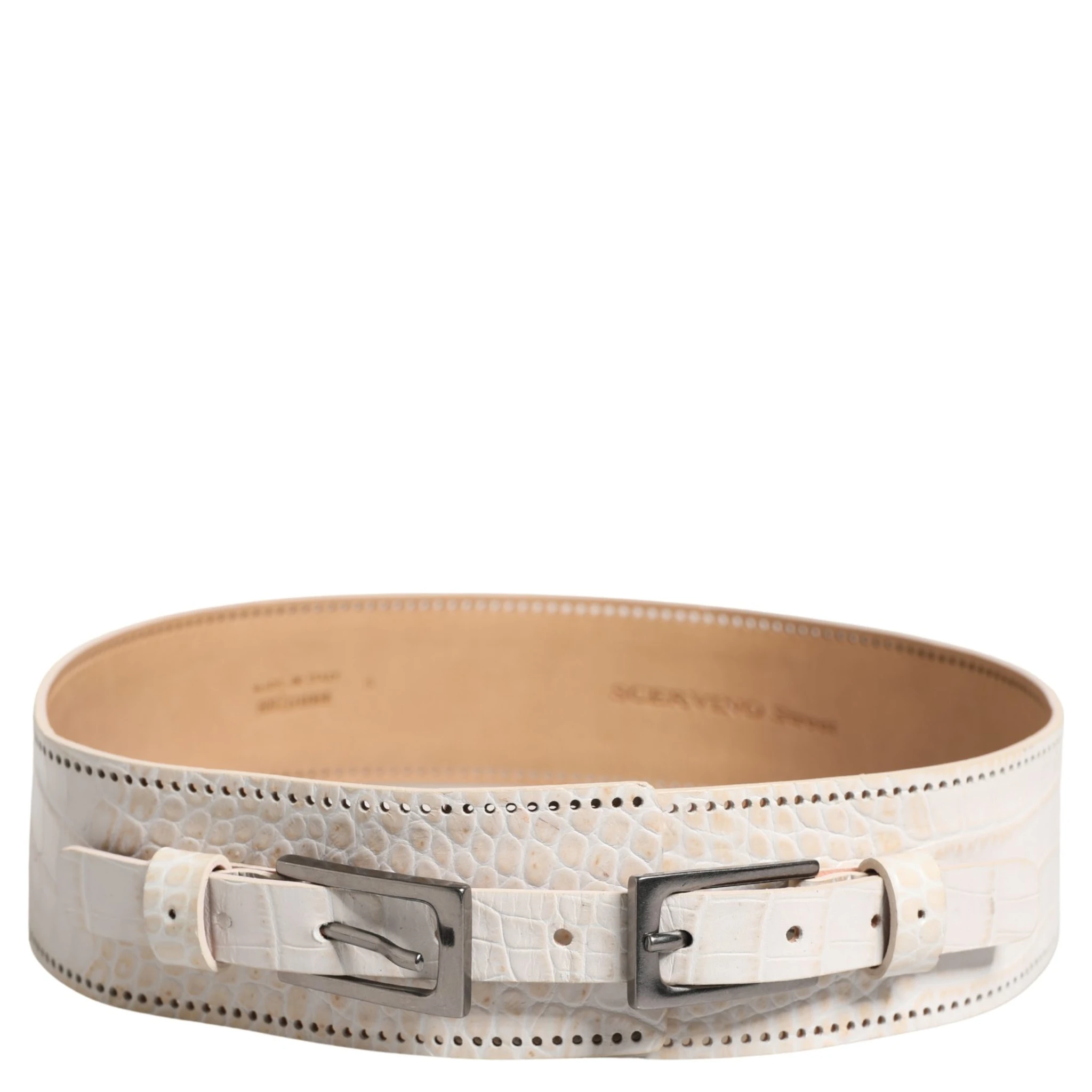 White Textured Leather Wide SilverMetal Buckle Belt