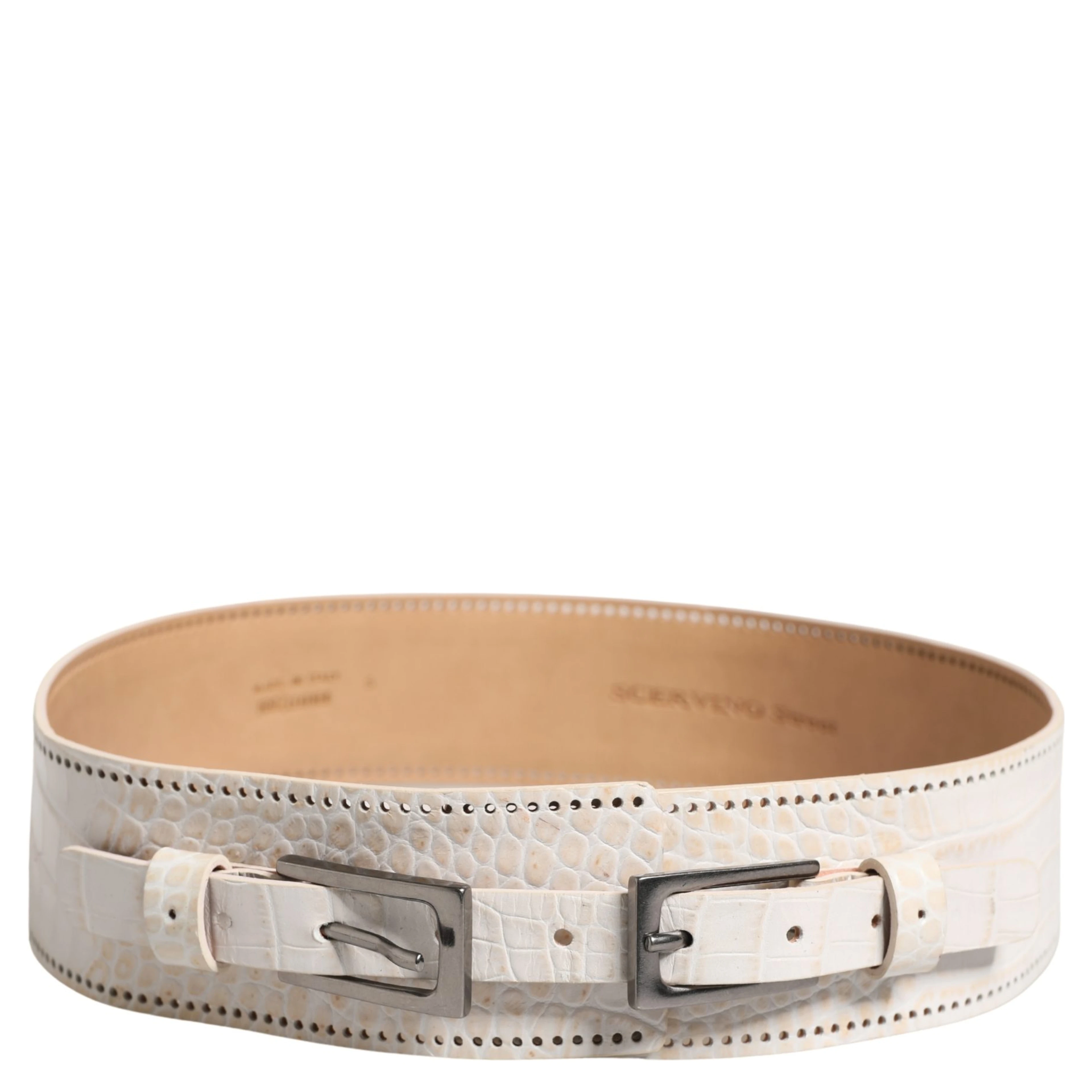 White Textured Leather Wide SilverMetal Buckle Belt