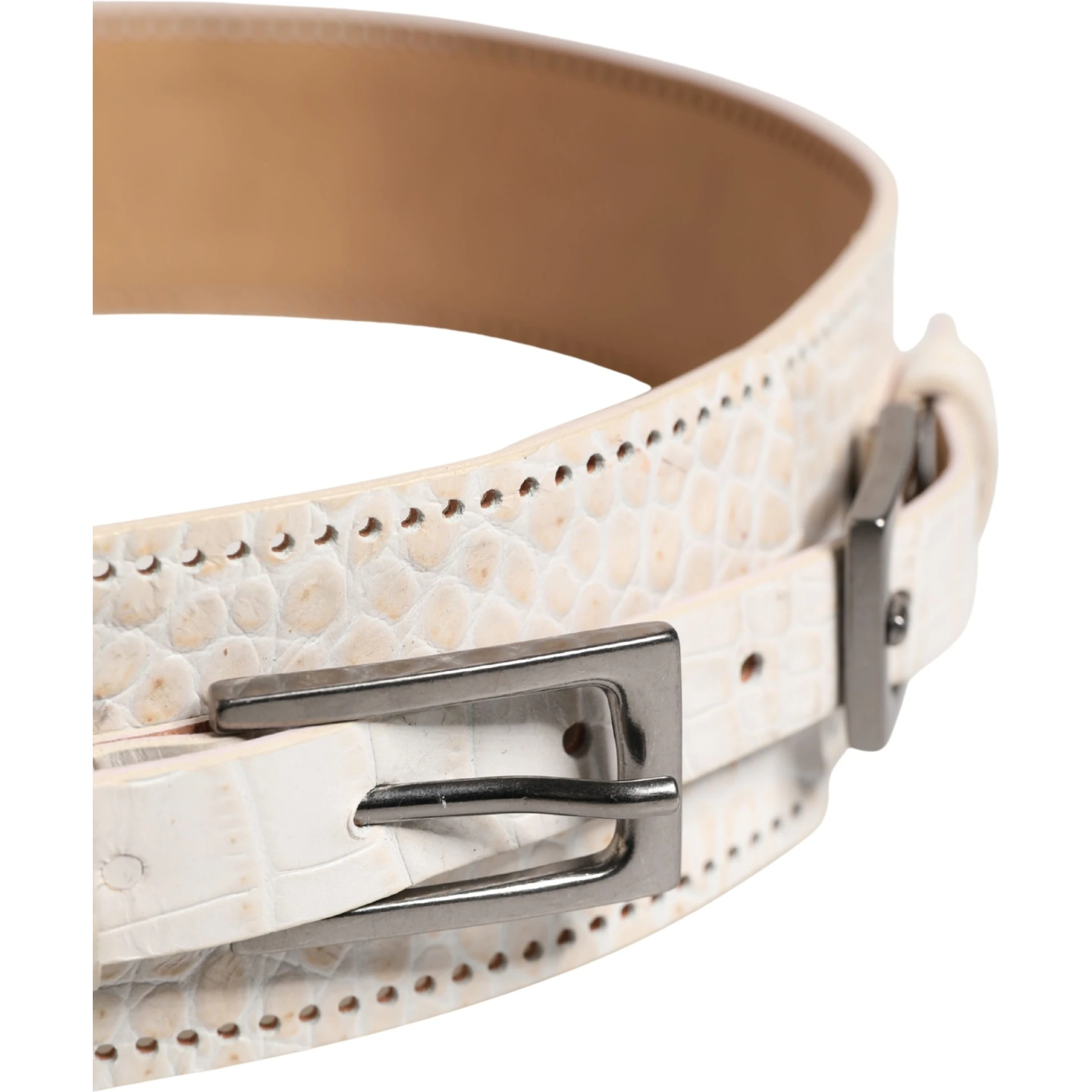 White Textured Leather Wide SilverMetal Buckle Belt