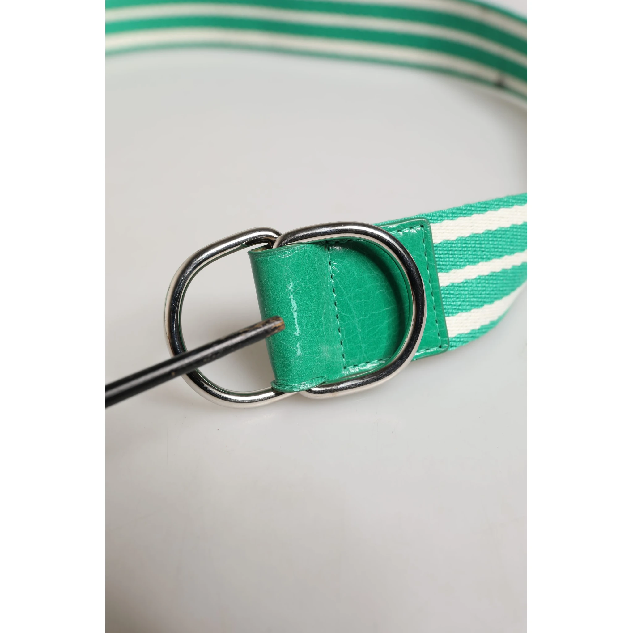 White Green Stripes Canvas Silver Metal Buckle Belt