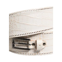 White Textured Leather Wide SilverMetal Buckle Belt
