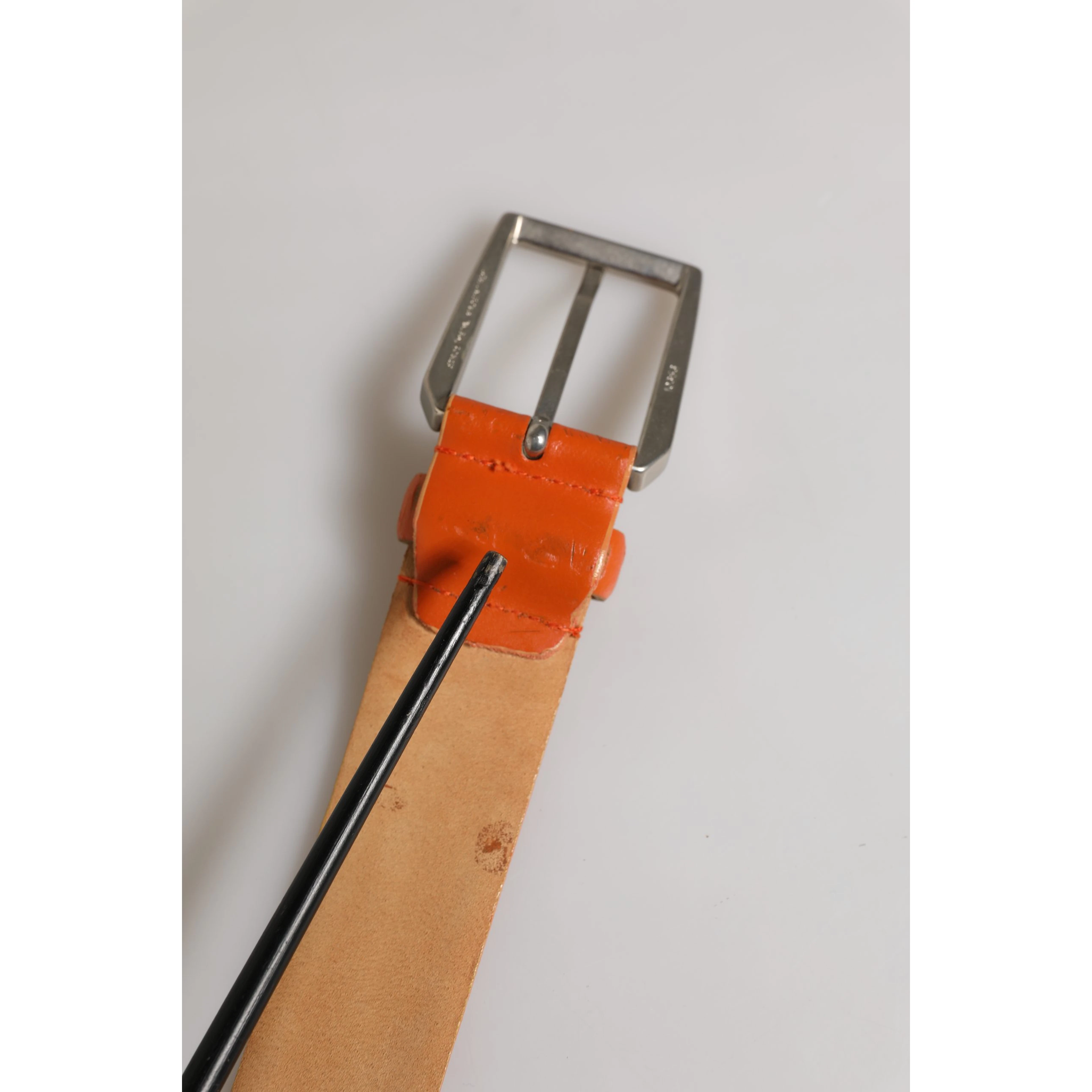 Orange Genuine Leather Silver Metal Buckle Waist Belt