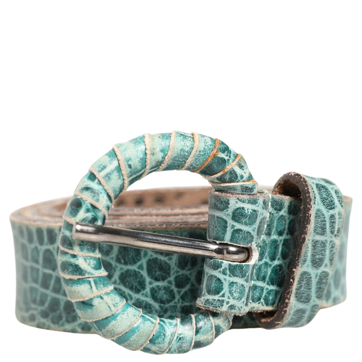 Women Green Leather Croco Print Studded Belt