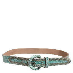 Women Green Leather Croco Print Studded Belt
