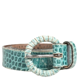 Women Green Leather Croco Print Studded Belt