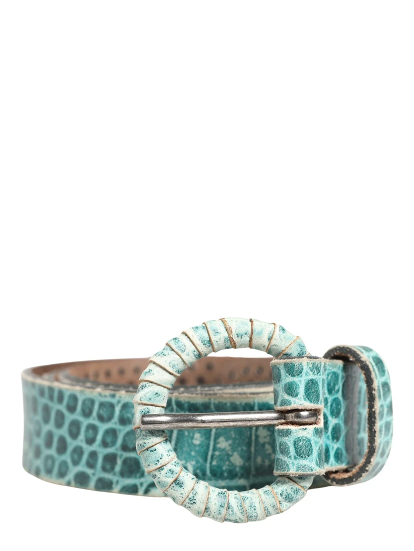 Women Green Leather Croco Print Studded Belt