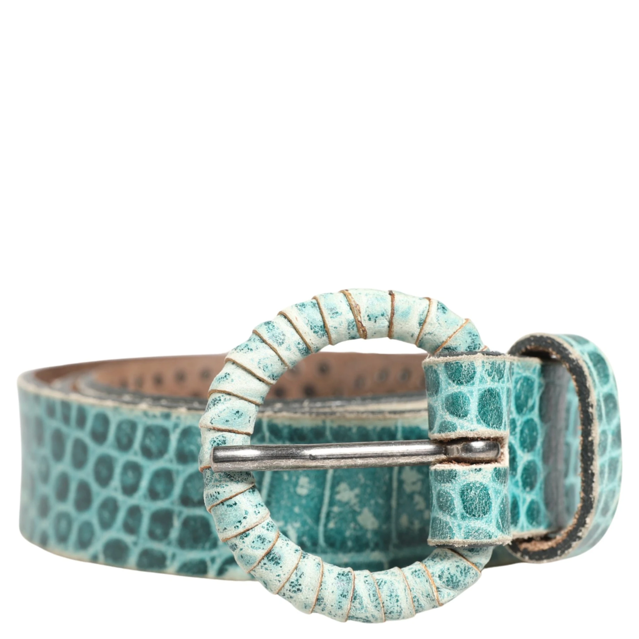 Women Green Leather Croco Print Studded Belt