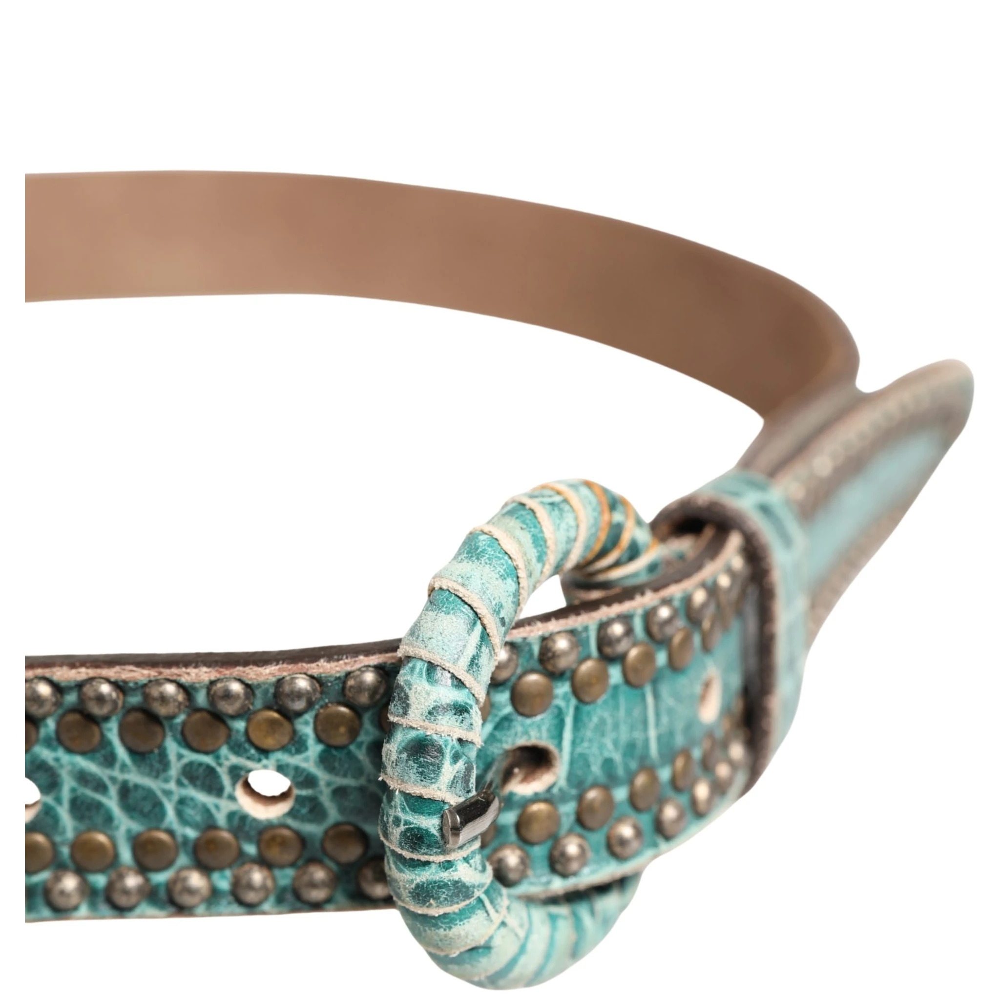 Women Green Leather Croco Print Studded Belt