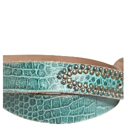 Women Green Leather Croco Print Studded Belt