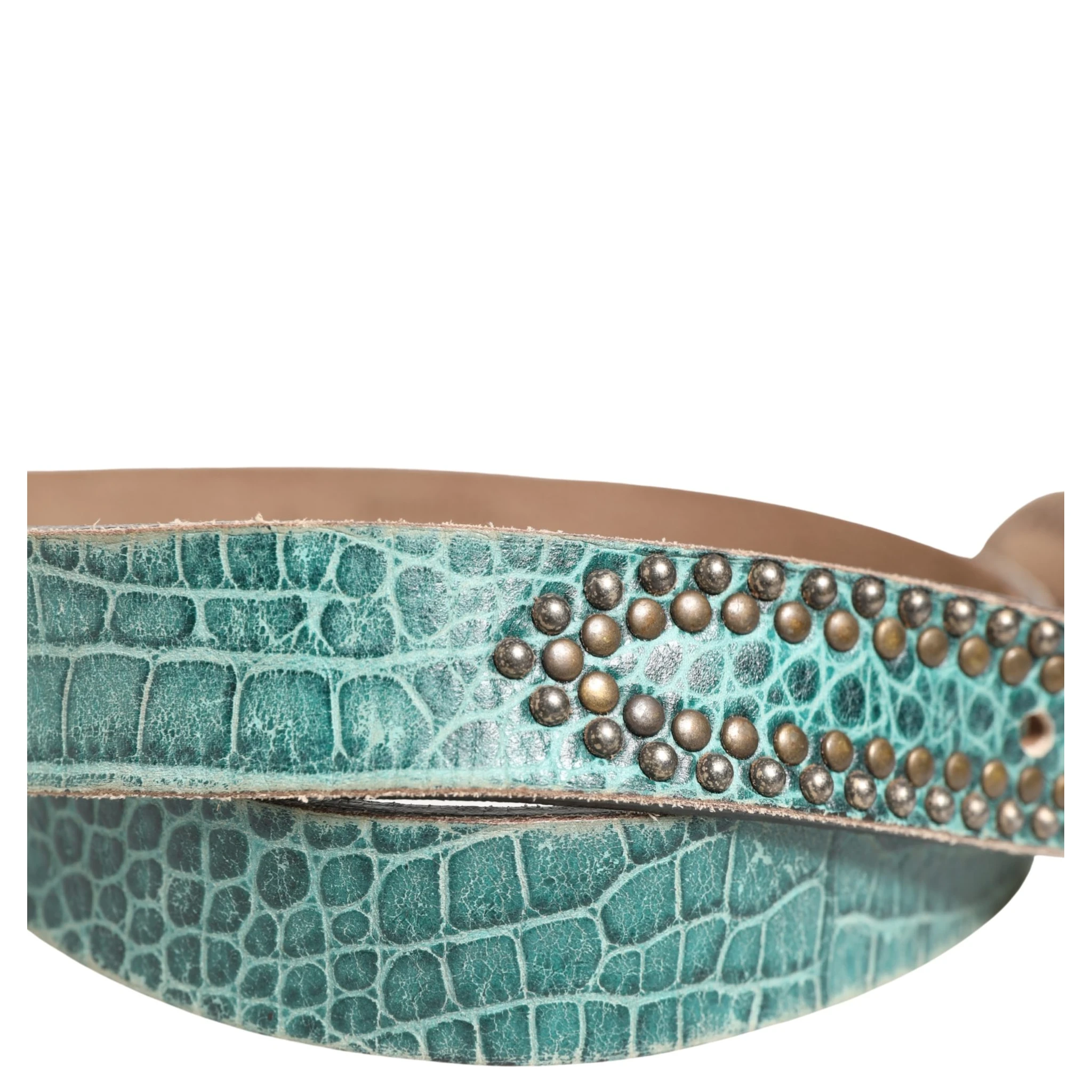 Women Green Leather Croco Print Studded Belt