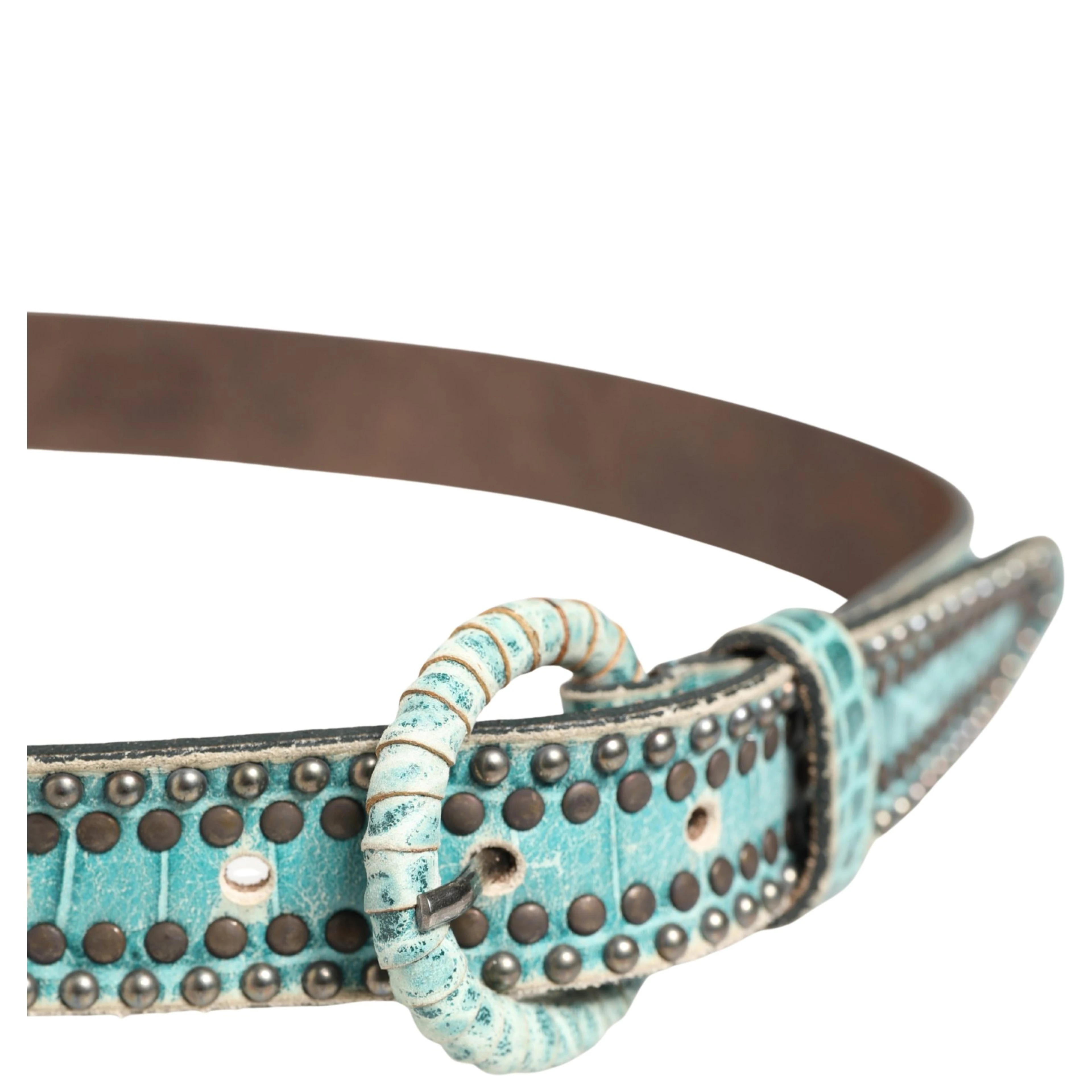 Women Green Leather Croco Print Studded Belt