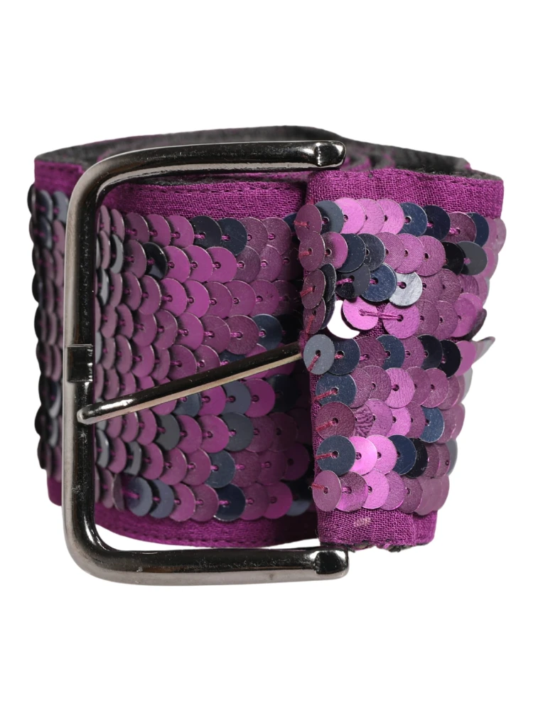 Women Purple Sequined Silver Metal Buckle Belt