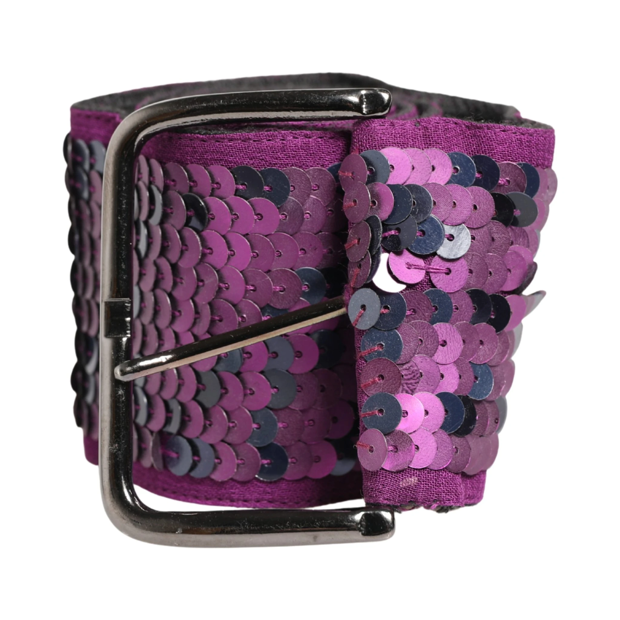 Women Purple Sequined Silver Metal Buckle Belt