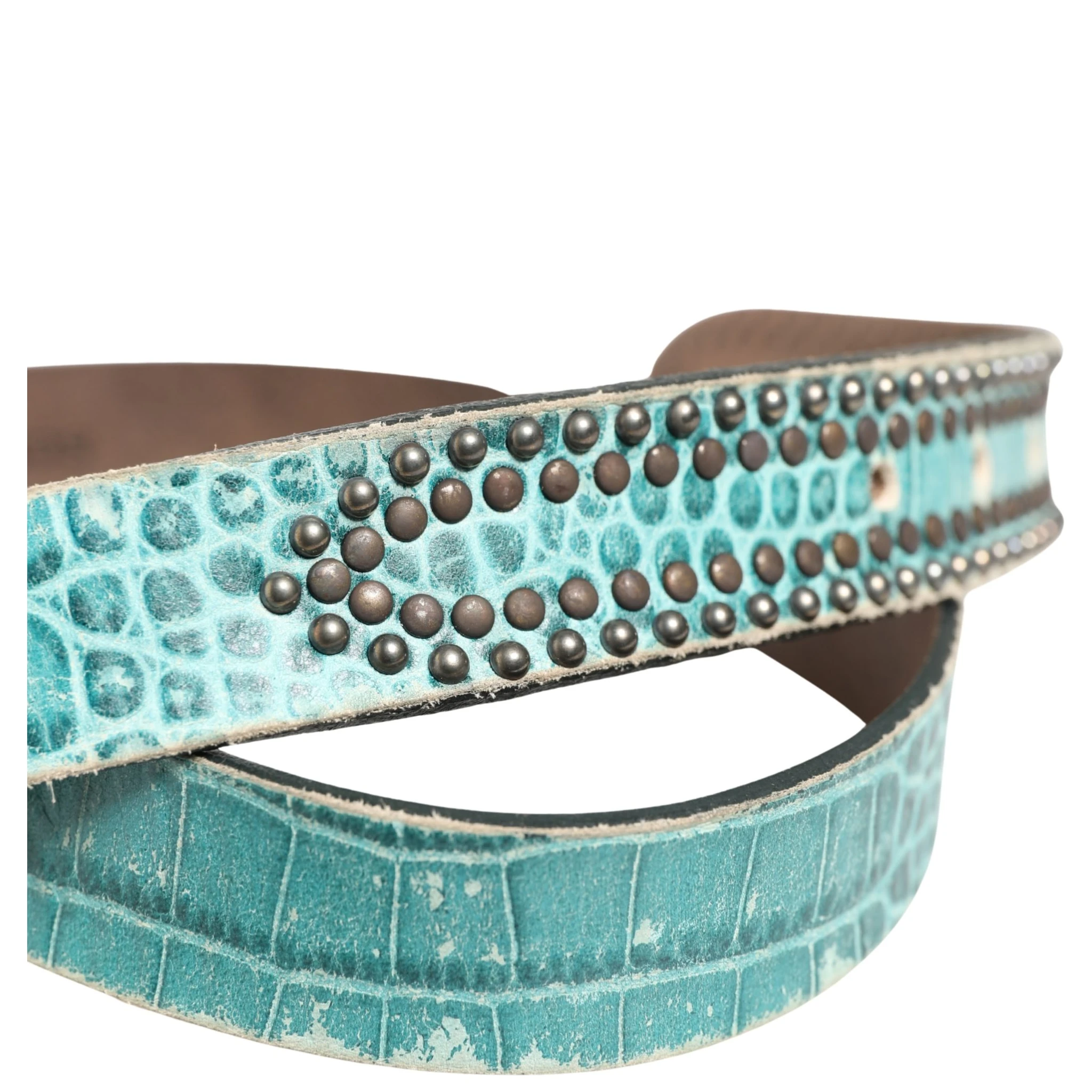 Women Green Leather Croco Print Studded Belt