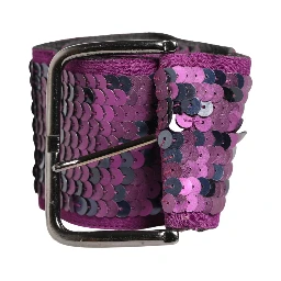 Women Purple Sequined Silver Metal Buckle Belt