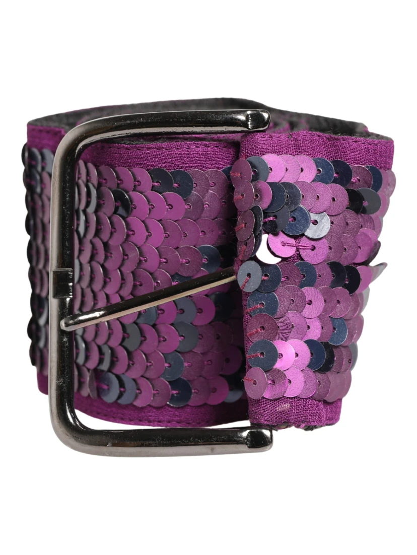 Women Purple Sequined Silver Metal Buckle Belt