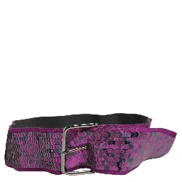 Women Purple Sequined Silver Metal Buckle Belt