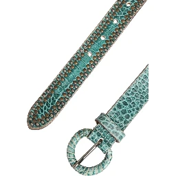 Women Green Leather Croco Print Studded Belt
