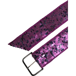 Women Purple Sequined Silver Metal Buckle Belt
