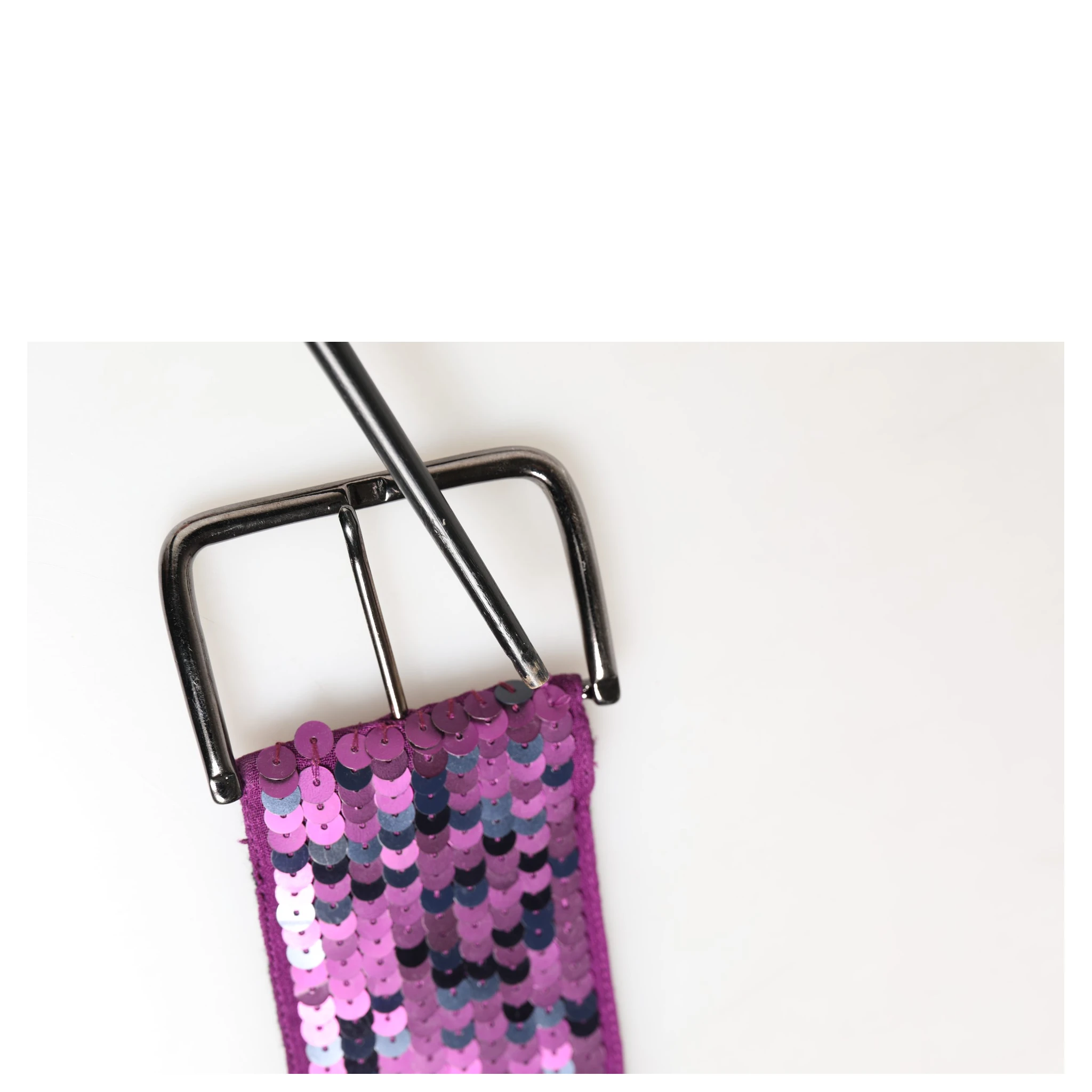 Women Purple Sequined Silver Metal Buckle Belt