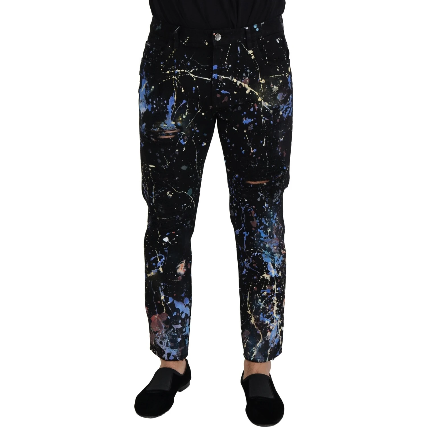 Black Cotton Color Splash Print Denim Jeans
