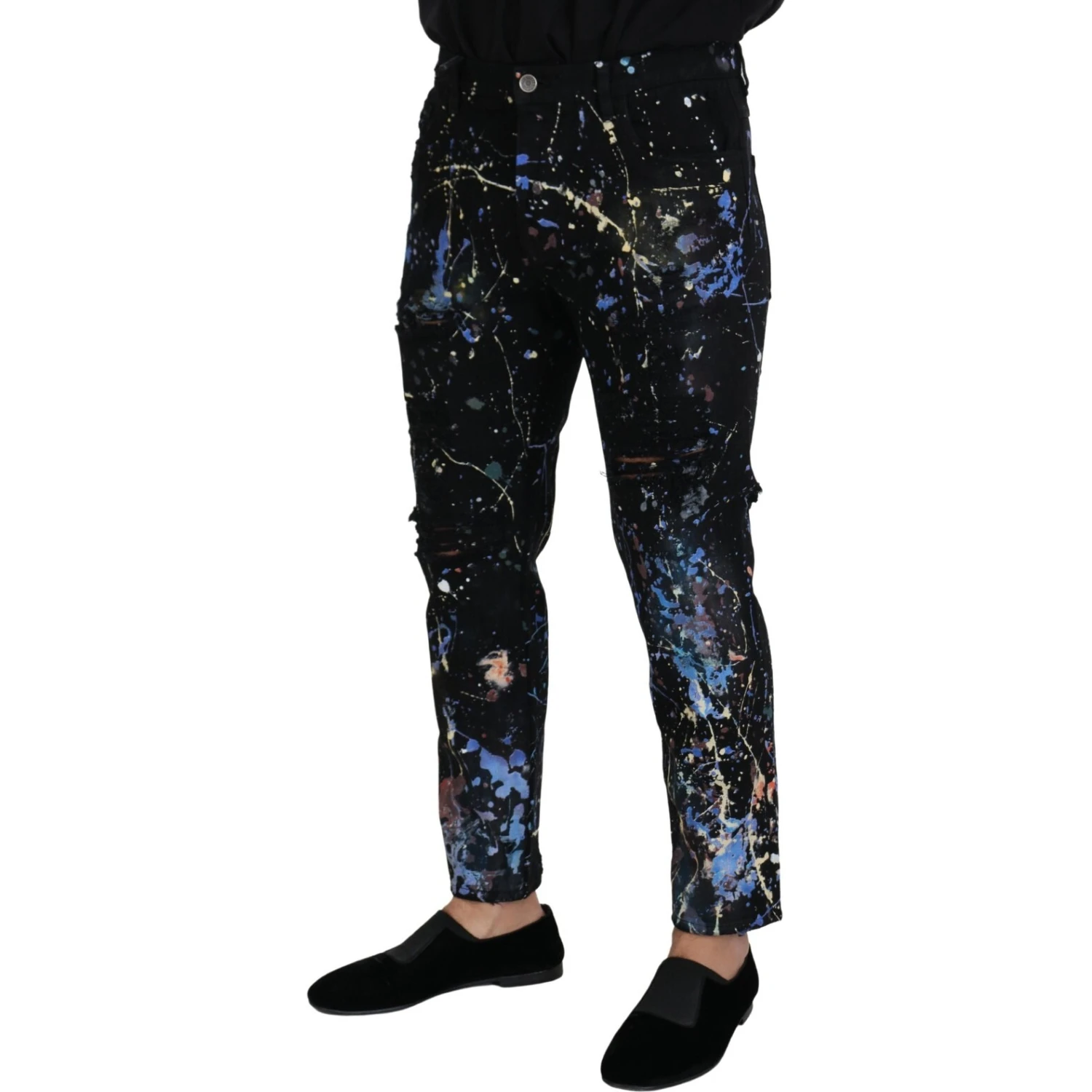 Black Cotton Color Splash Print Denim Jeans