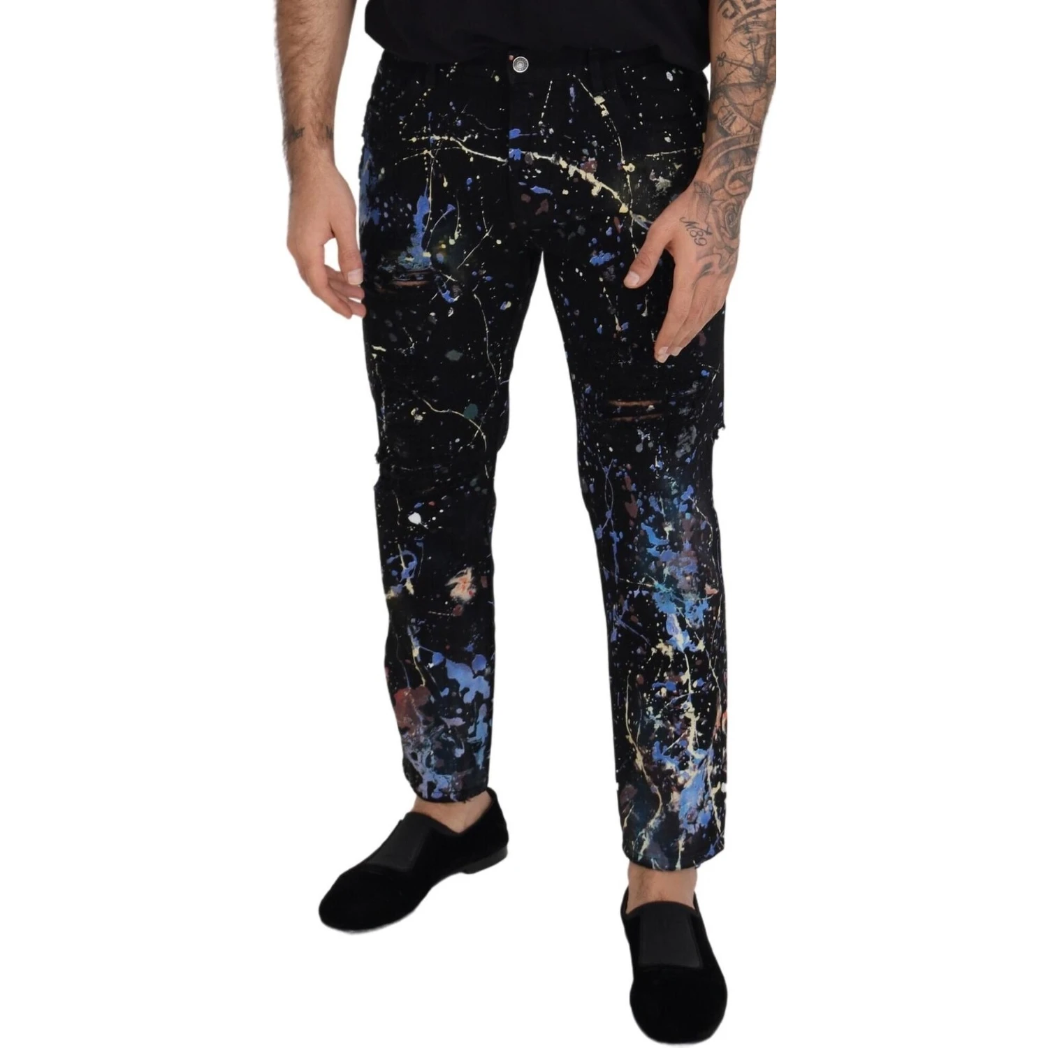 Black Cotton Color Splash Print Denim Jeans