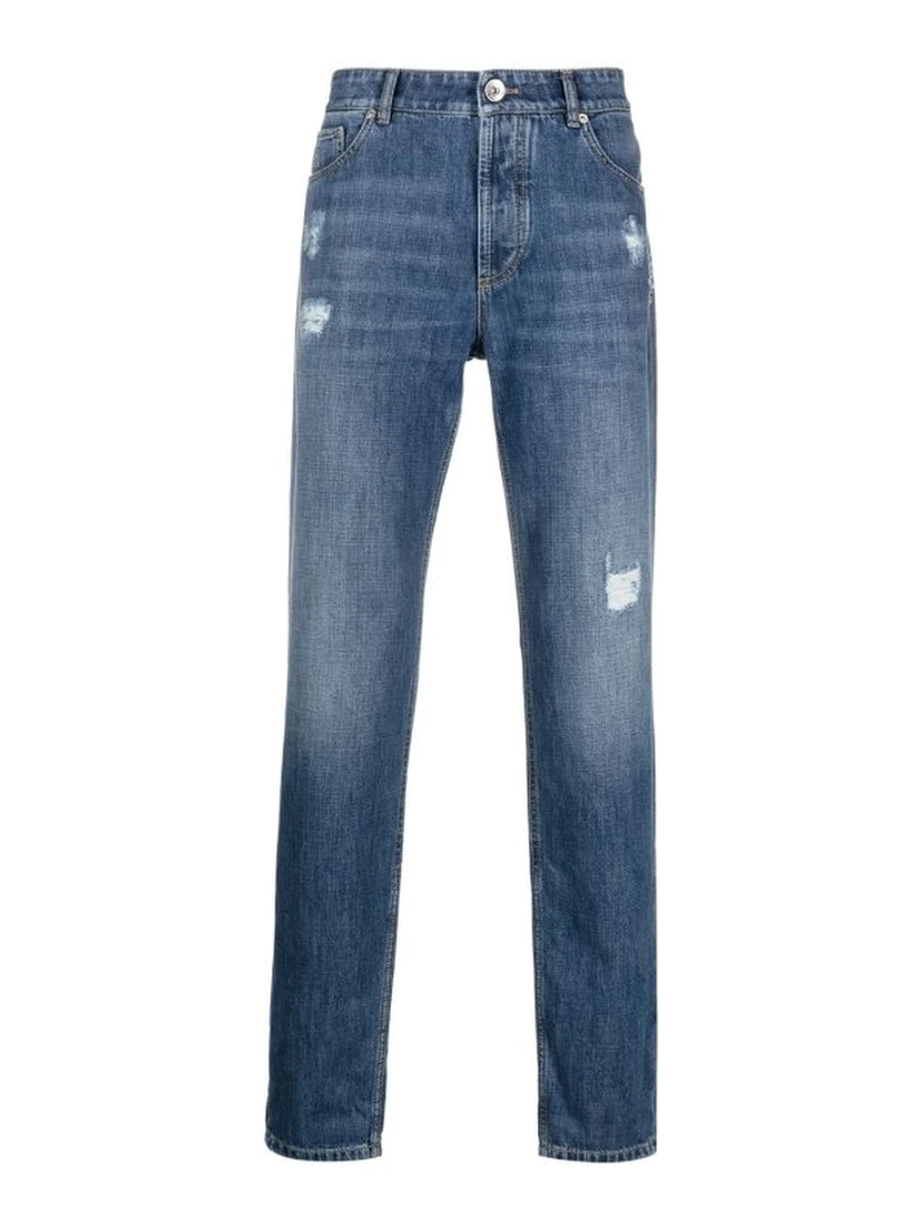 Blue Cotton Straight-Leg Jeans