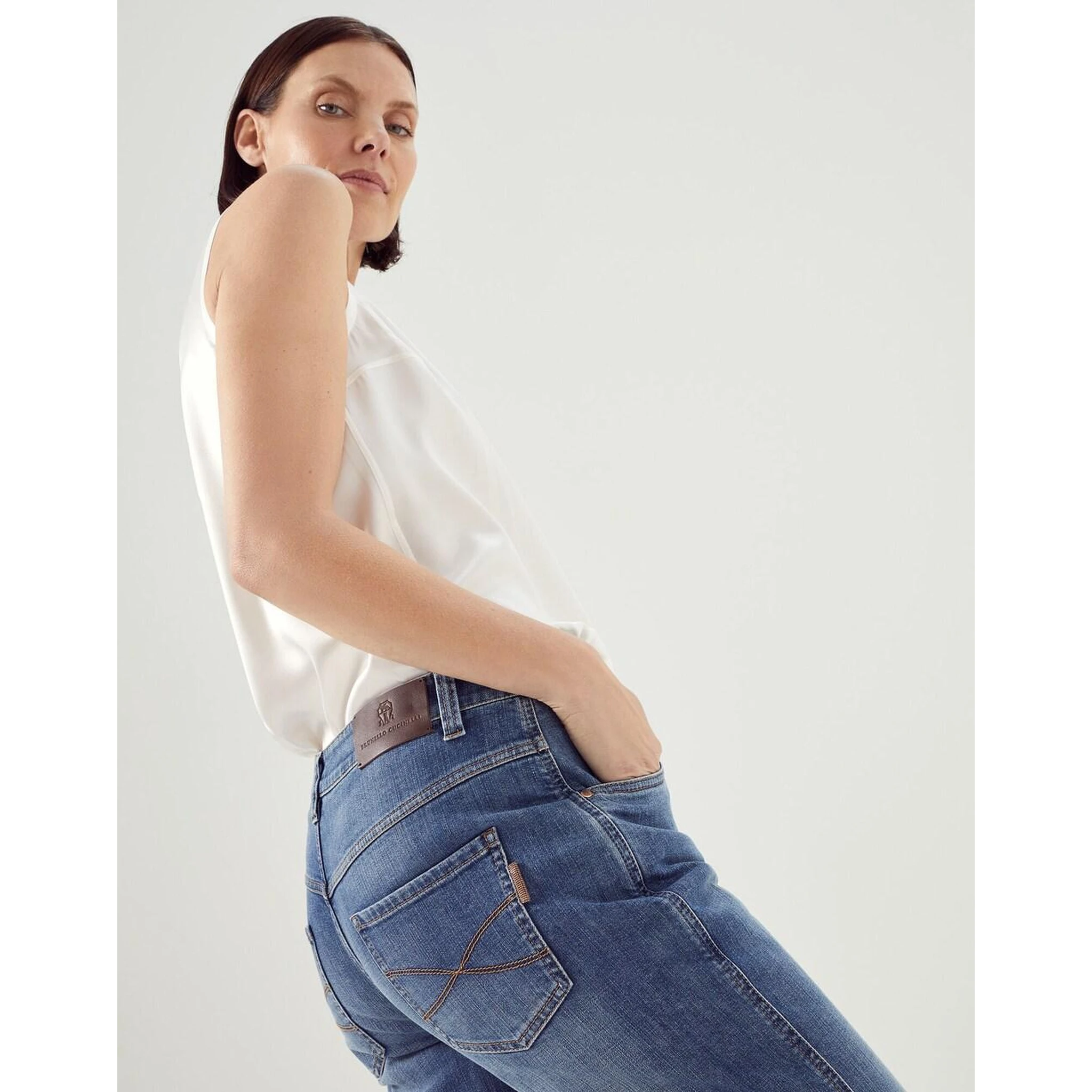 Beige Cotton Straight-Leg Jeans