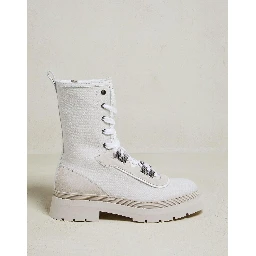 Beige Cotton Lace-Up Boots