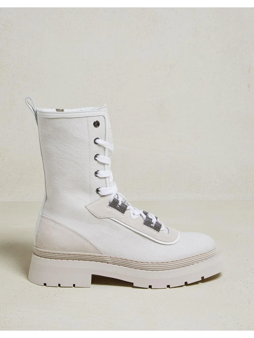 Beige Cotton Lace-Up Boots