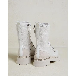 Beige Cotton Lace-Up Boots